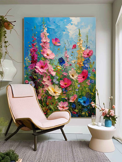 Vibrant Blooming Flower Field Oil Painting on Canvas for Home Decor