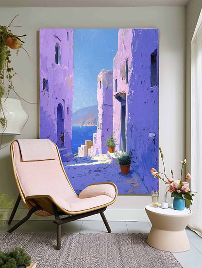Vibrant Mediterranean Village: Stunning Oil Painting of Coastal Architecture