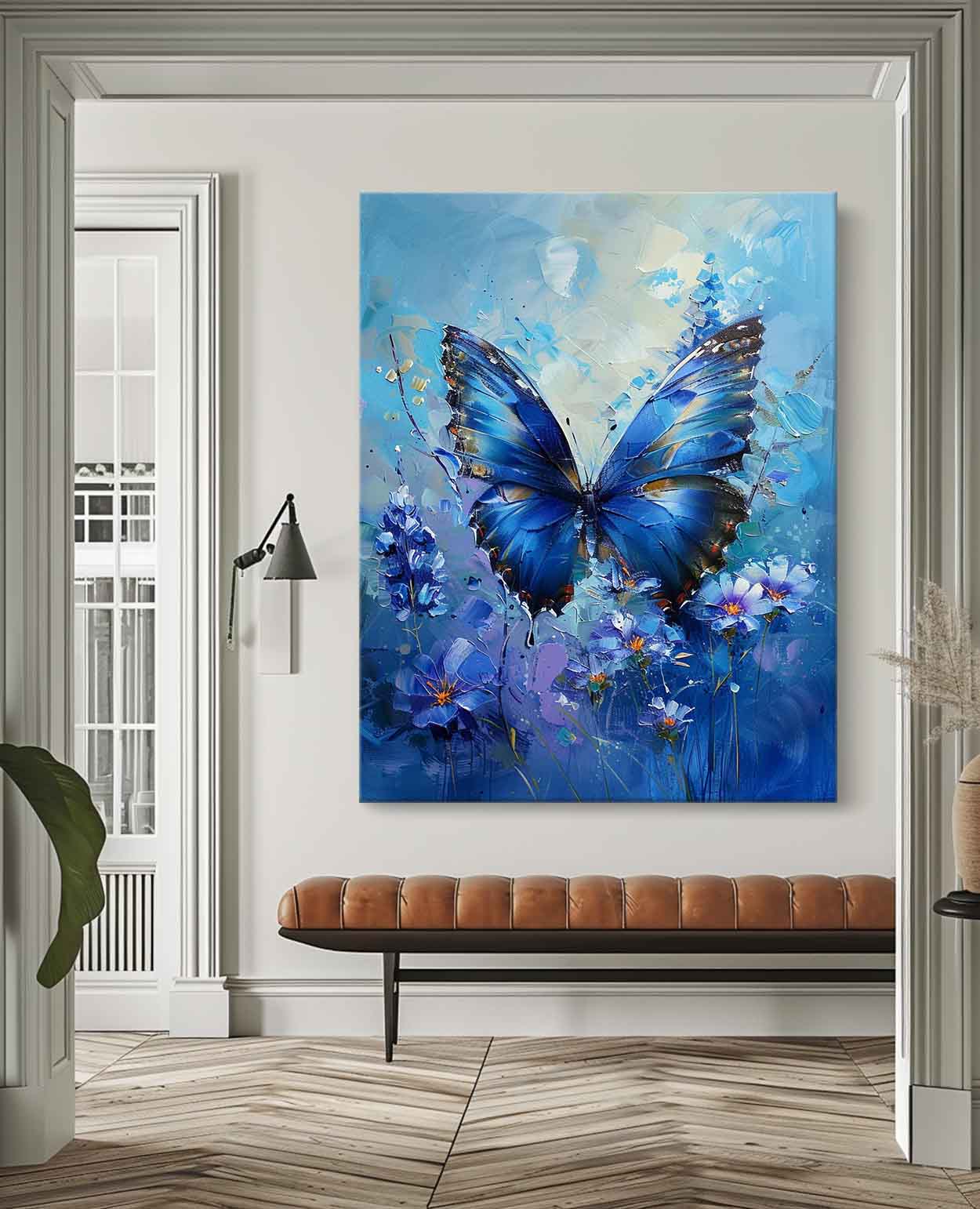 Vibrant Blue Butterfly Oil Painting on Canvas with Floral Accents