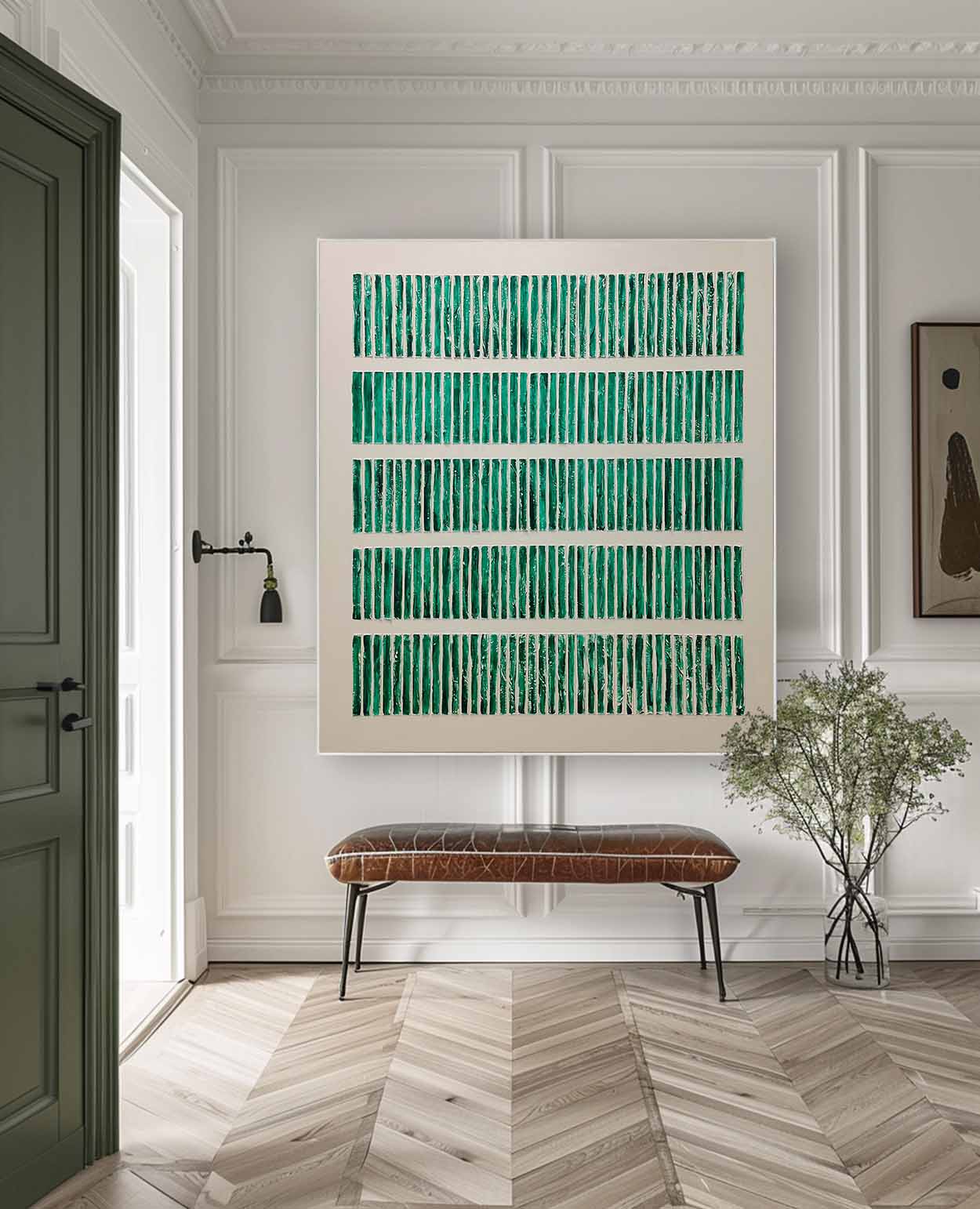 Abstract Green Stripe Oil Painting for Modern Minimalist Home Decor