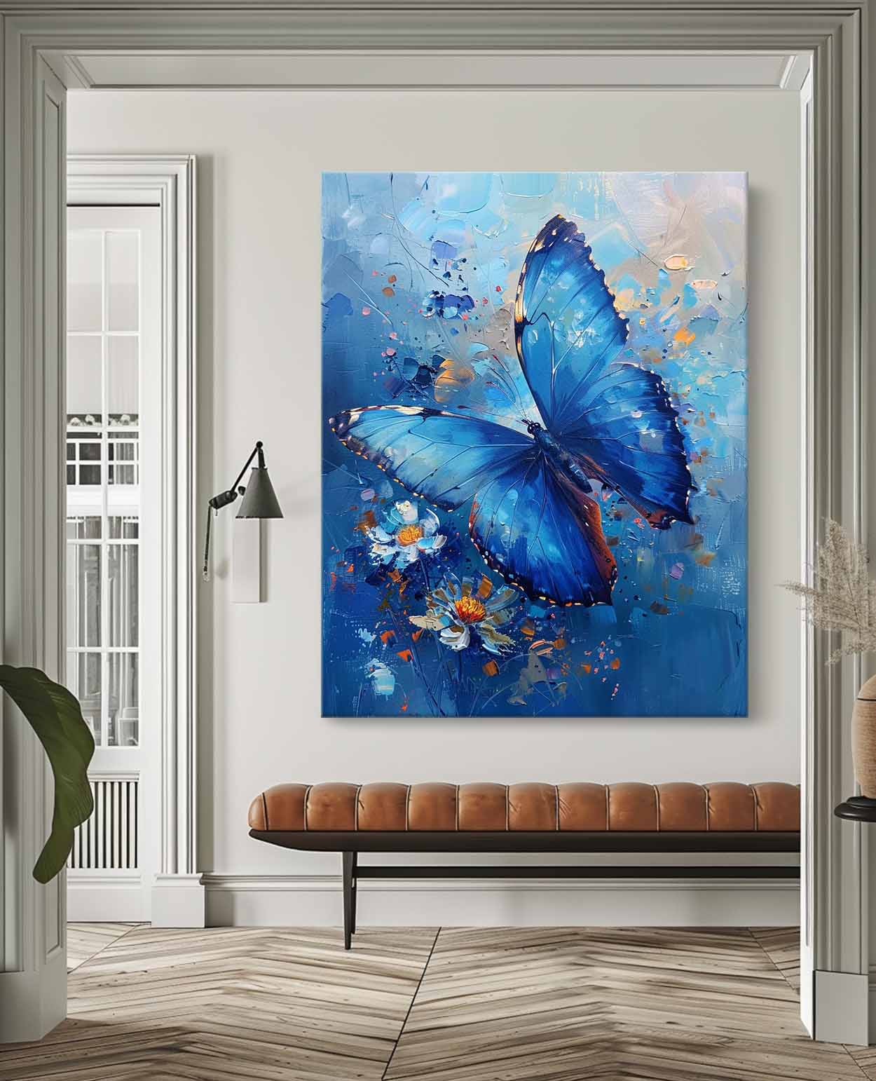 Vibrant Blue Butterfly Oil Painting with Floral Accents for Wall Décor