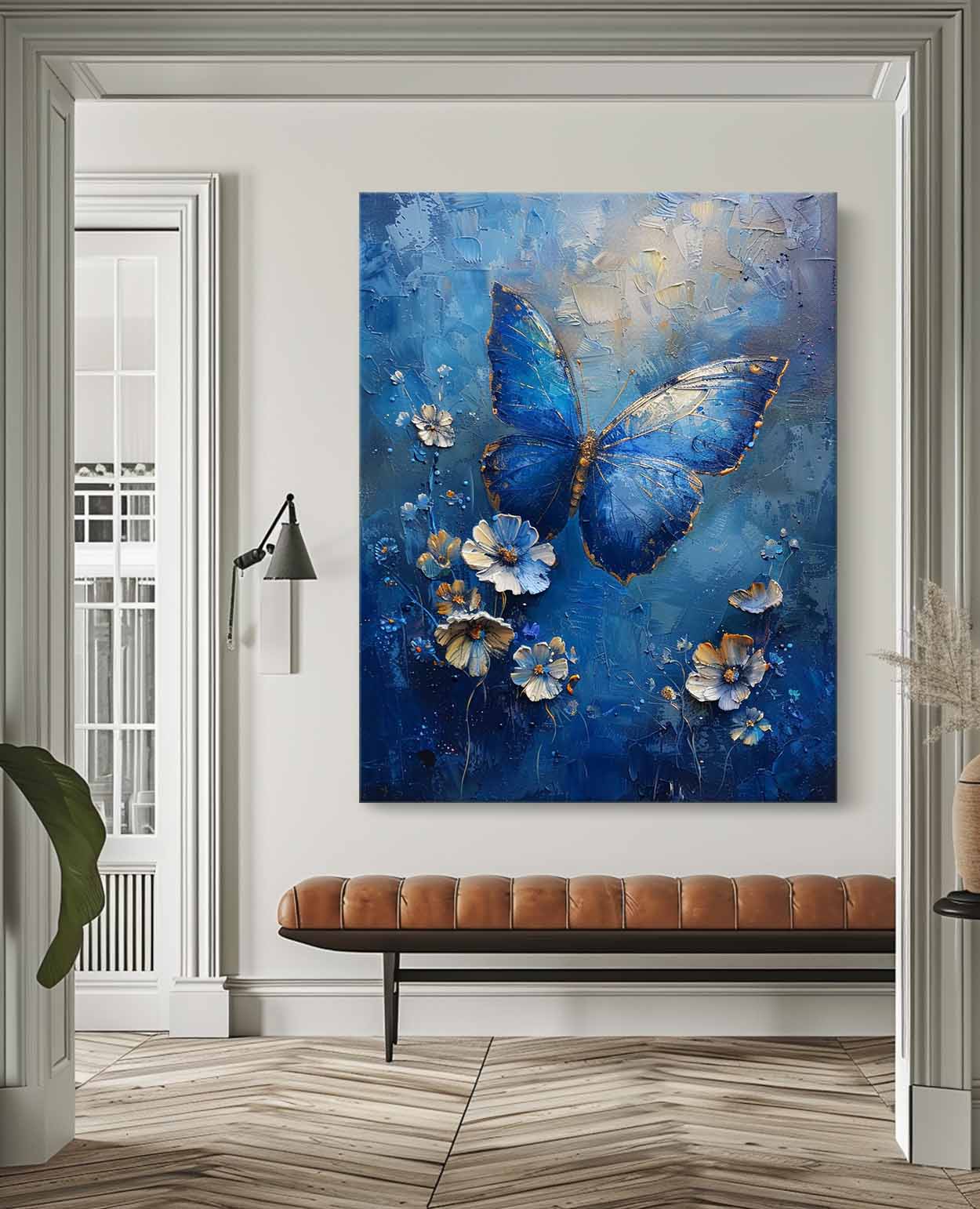 Stunning Blue Butterfly Oil Painting with Floral Accents for Vibrant Home Decor