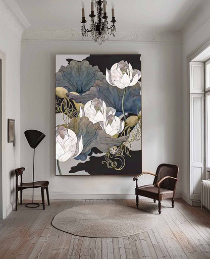 Elegant Flower Oil Painting - Serene Lotus Floral Wall Art for Home Decor