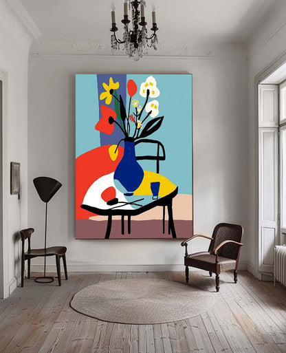 Vibrant Floral Still Life Oil Painting in Colorful Vase for Home Décor