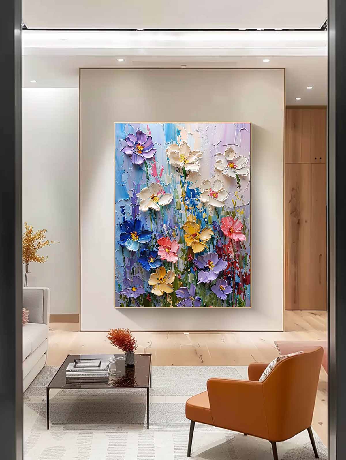 Vibrant Floral Oil Painting for Home Decor | Colorful Blooming Canvas Artwork