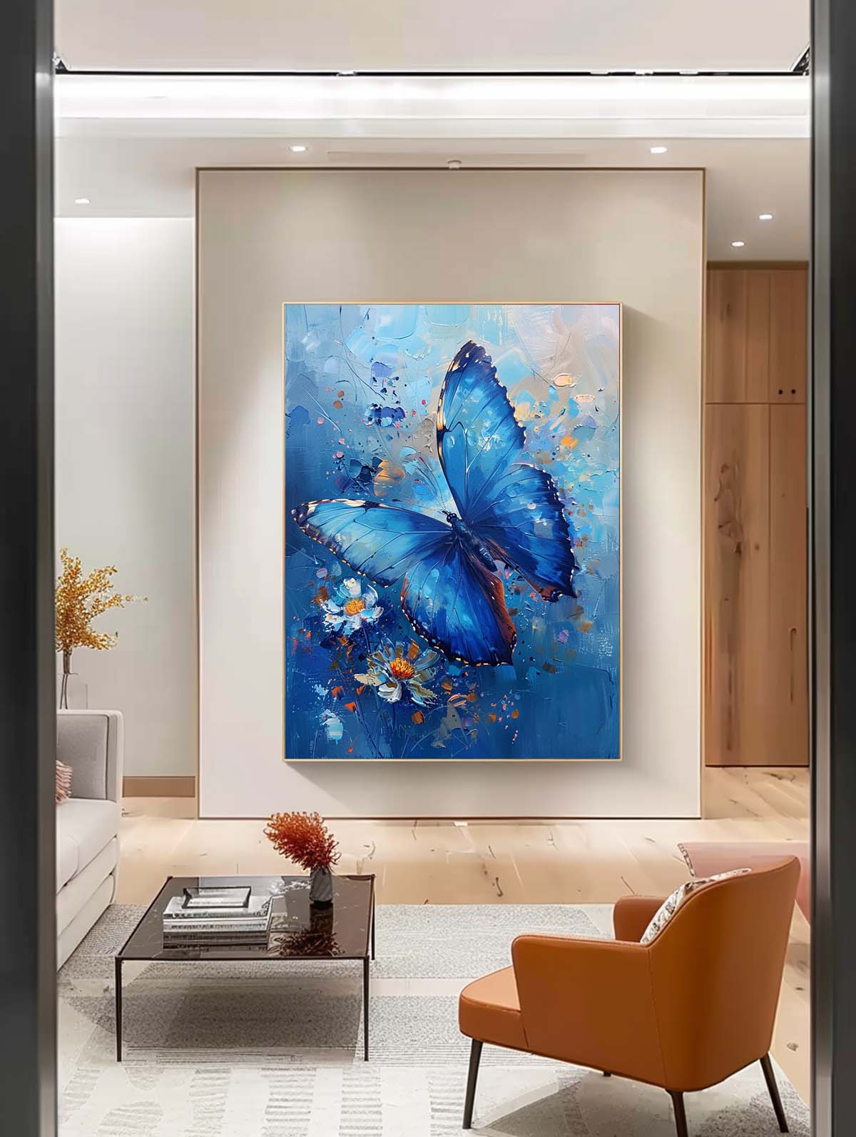 Vibrant Blue Butterfly Oil Painting with Floral Accents for Wall Décor