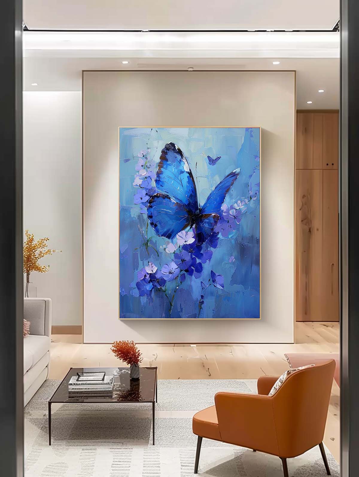 Stunning Blue Butterfly Oil Painting with Floral Accents for Elegant Home Decor