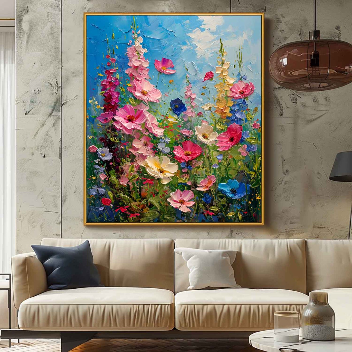 Vibrant Blooming Flower Field Oil Painting on Canvas for Home Decor