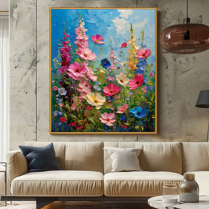 Vibrant Blooming Flower Field Oil Painting on Canvas for Home Decor