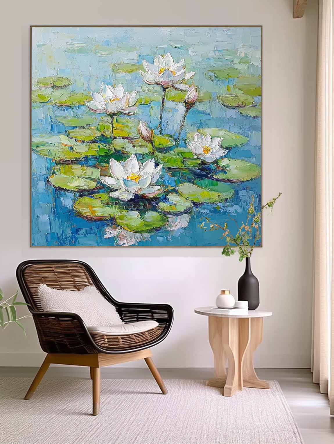 Serene Lotus Flowers Oil Painting on Canvas for Tranquil Home Decor