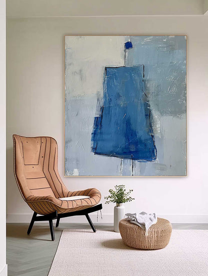 Abstract Blue Minimalist Oil Painting for Contemporary Home Decor