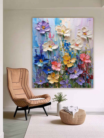 Vibrant Floral Oil Painting for Home Decor | Colorful Blooming Canvas Artwork