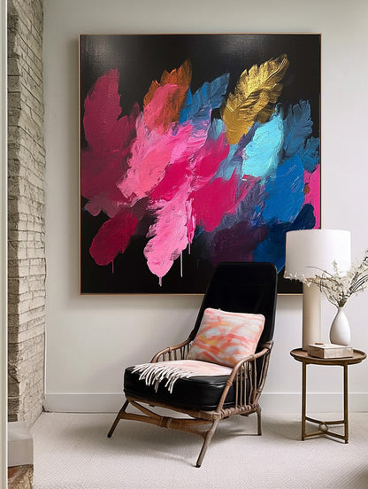 Vibrant Abstract Oil Painting with Colorful Floral Brushstrokes on Black Canvas