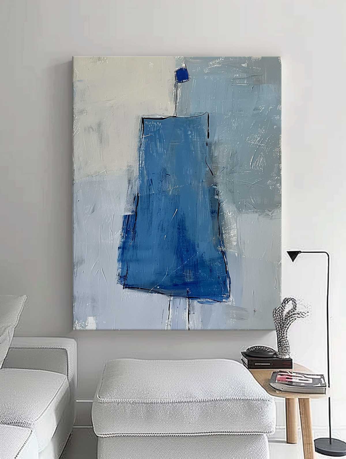 Abstract Blue Minimalist Oil Painting for Contemporary Home Decor