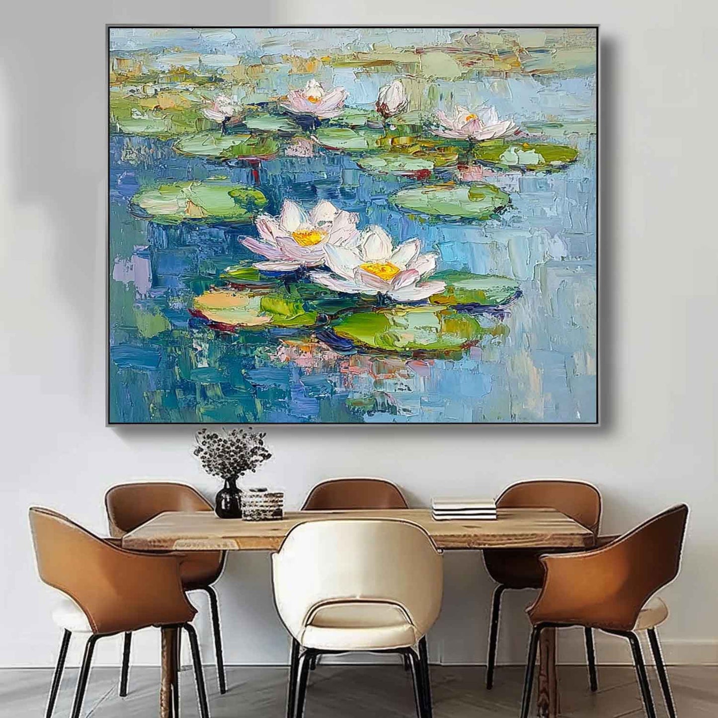 Vibrant Lotus Flowers on Tranquil Water – Handmade Oil Painting for Home Decor