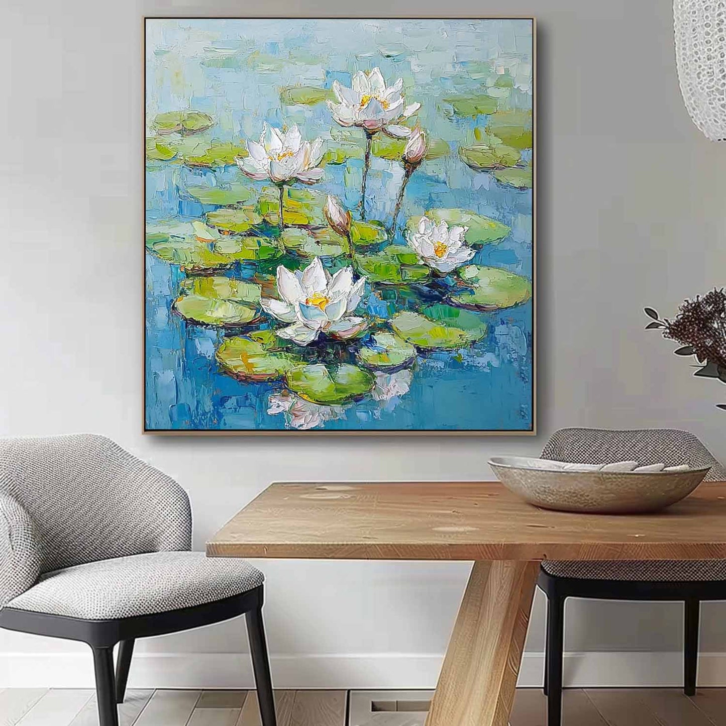 Serene Lotus Flowers Oil Painting on Canvas for Tranquil Home Decor