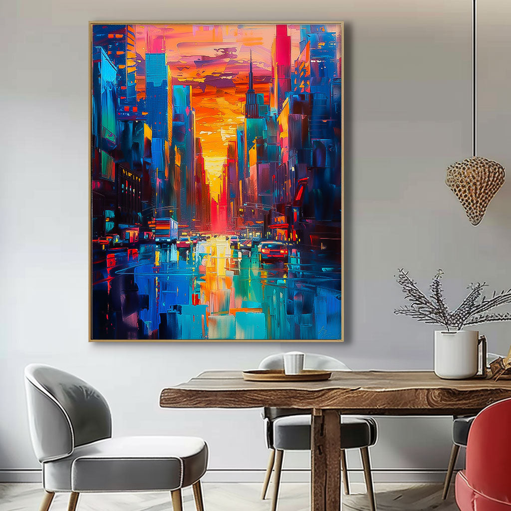 Vibrant Sunset Cityscape Oil Painting - Modern Urban Architecture Artwork