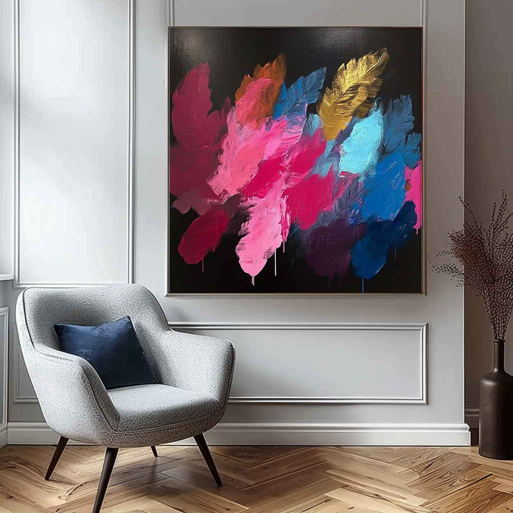 Vibrant Abstract Oil Painting with Colorful Floral Brushstrokes on Black Canvas