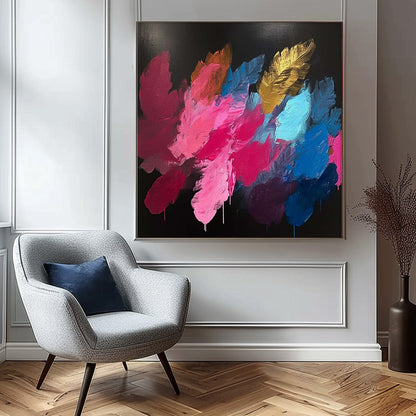 Vibrant Abstract Oil Painting with Colorful Floral Brushstrokes on Black Canvas