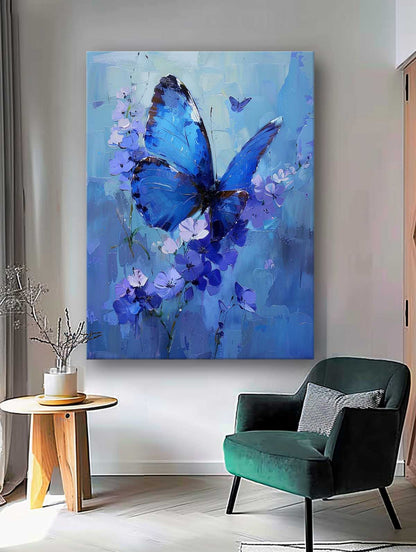 Stunning Blue Butterfly Oil Painting with Floral Accents for Elegant Home Decor
