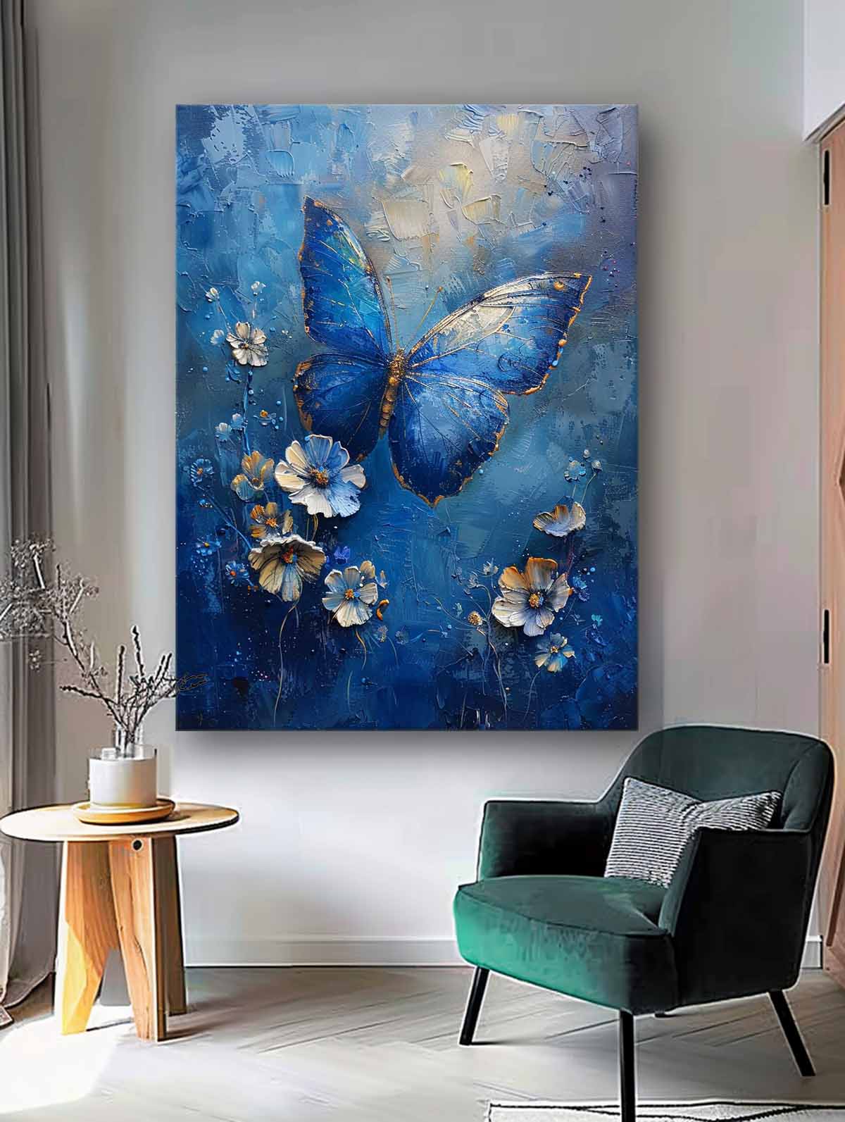 Stunning Blue Butterfly Oil Painting with Floral Accents for Vibrant Home Decor