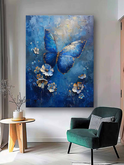 Stunning Blue Butterfly Oil Painting with Floral Accents for Vibrant Home Decor