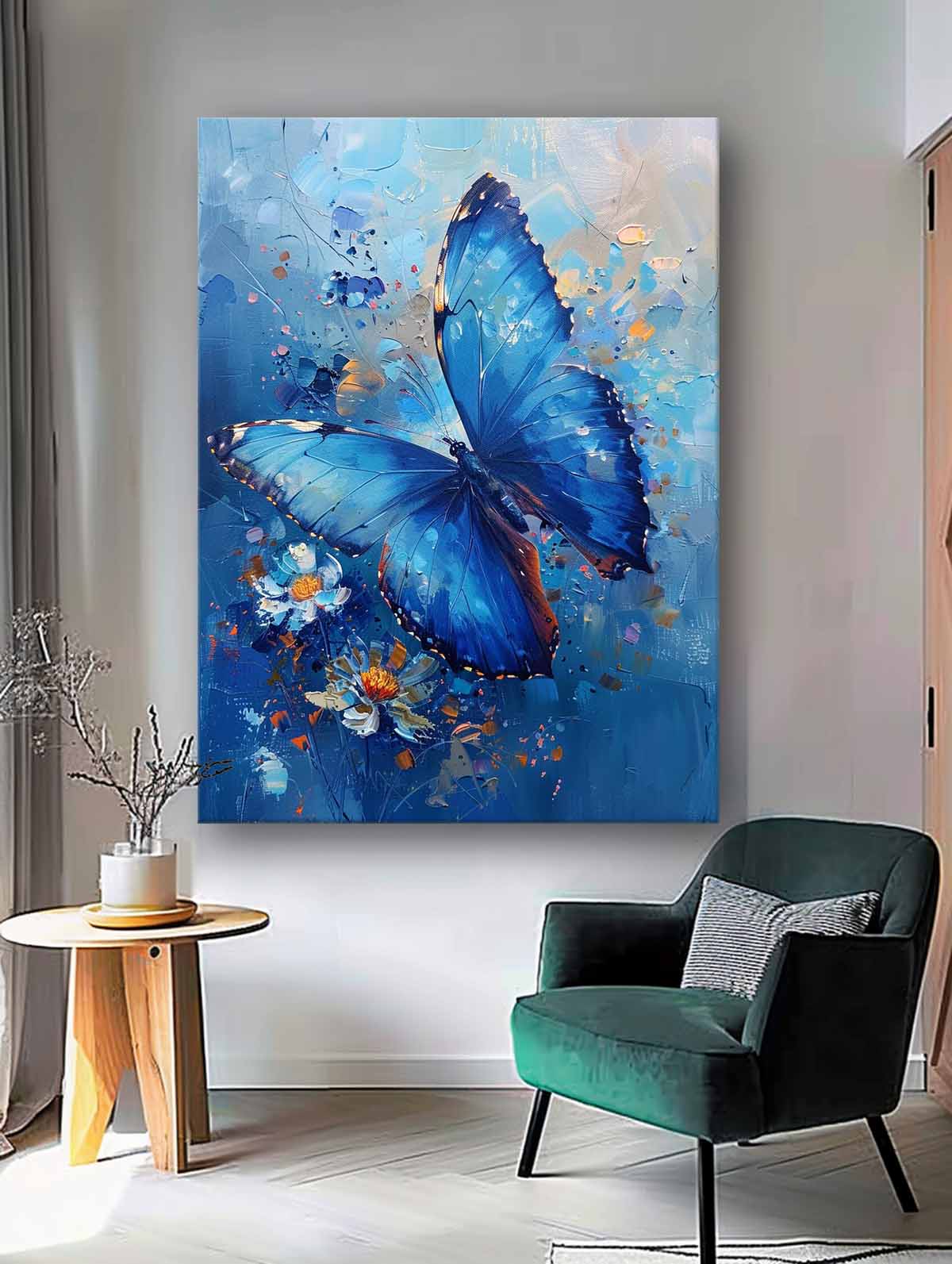 Vibrant Blue Butterfly Oil Painting with Floral Accents for Wall Décor