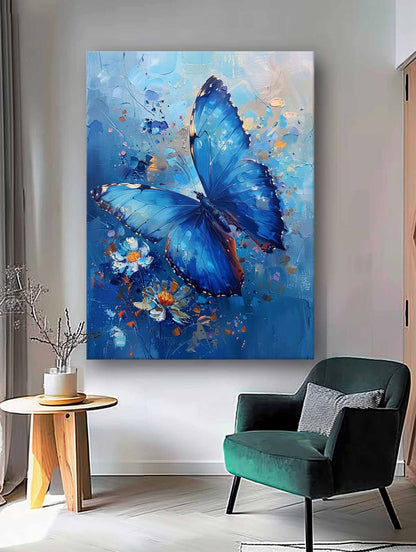 Vibrant Blue Butterfly Oil Painting with Floral Accents for Wall Décor