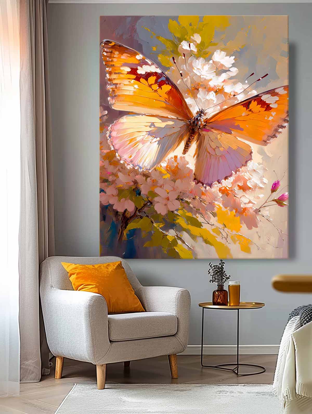 Vibrant Butterfly Oil Painting on Floral Background for Home Decor