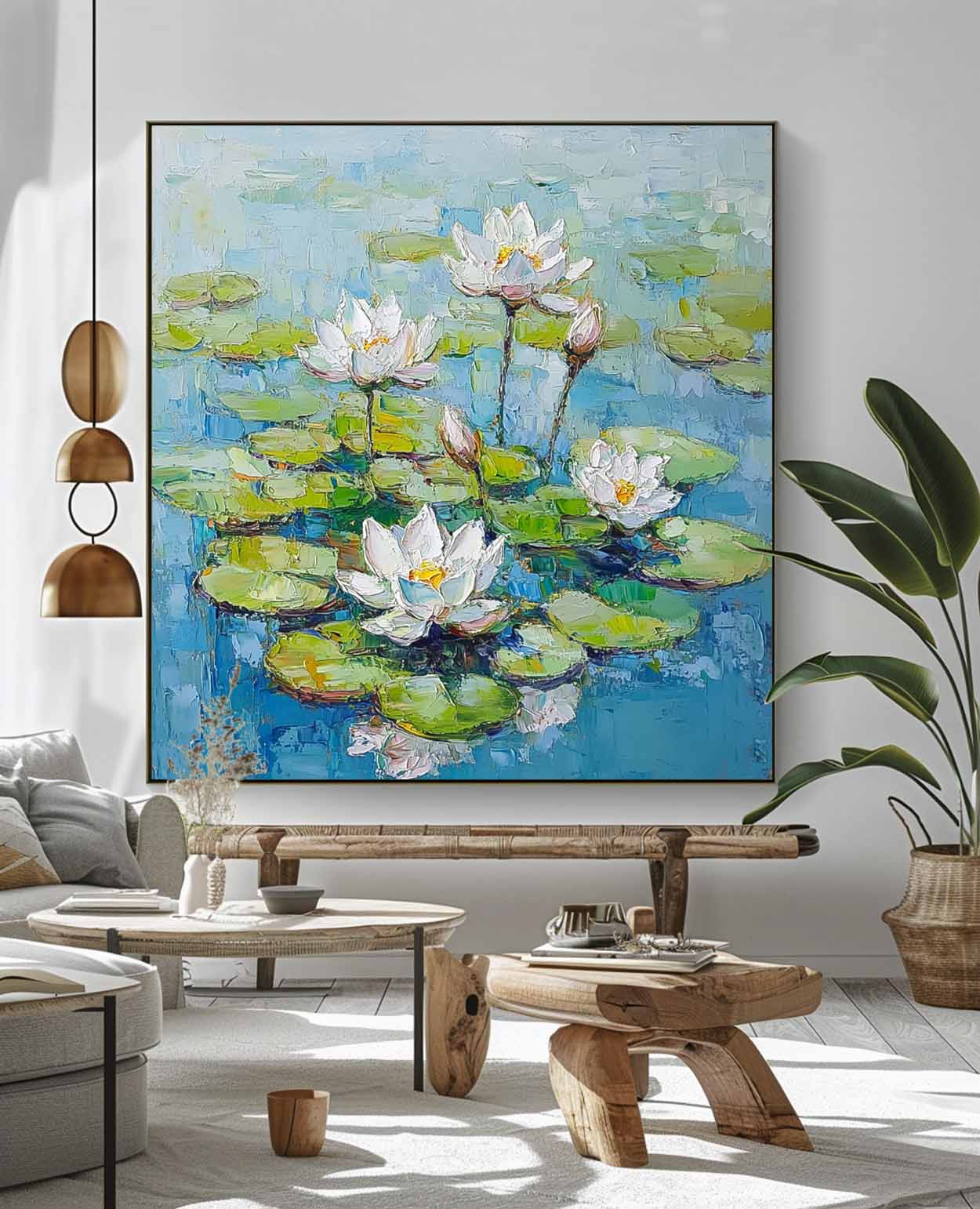 Serene Lotus Flowers Oil Painting on Canvas for Tranquil Home Decor