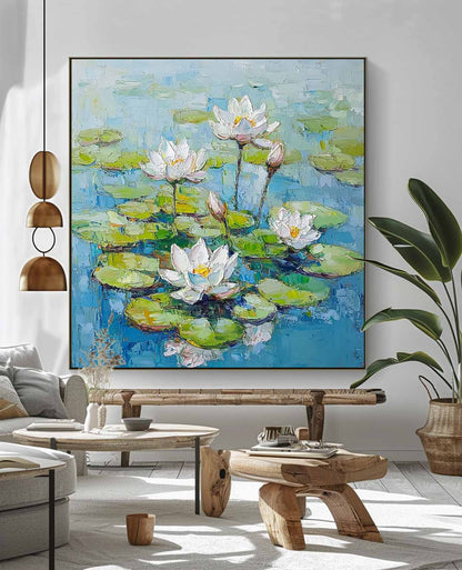 Serene Lotus Flowers Oil Painting on Canvas for Tranquil Home Decor