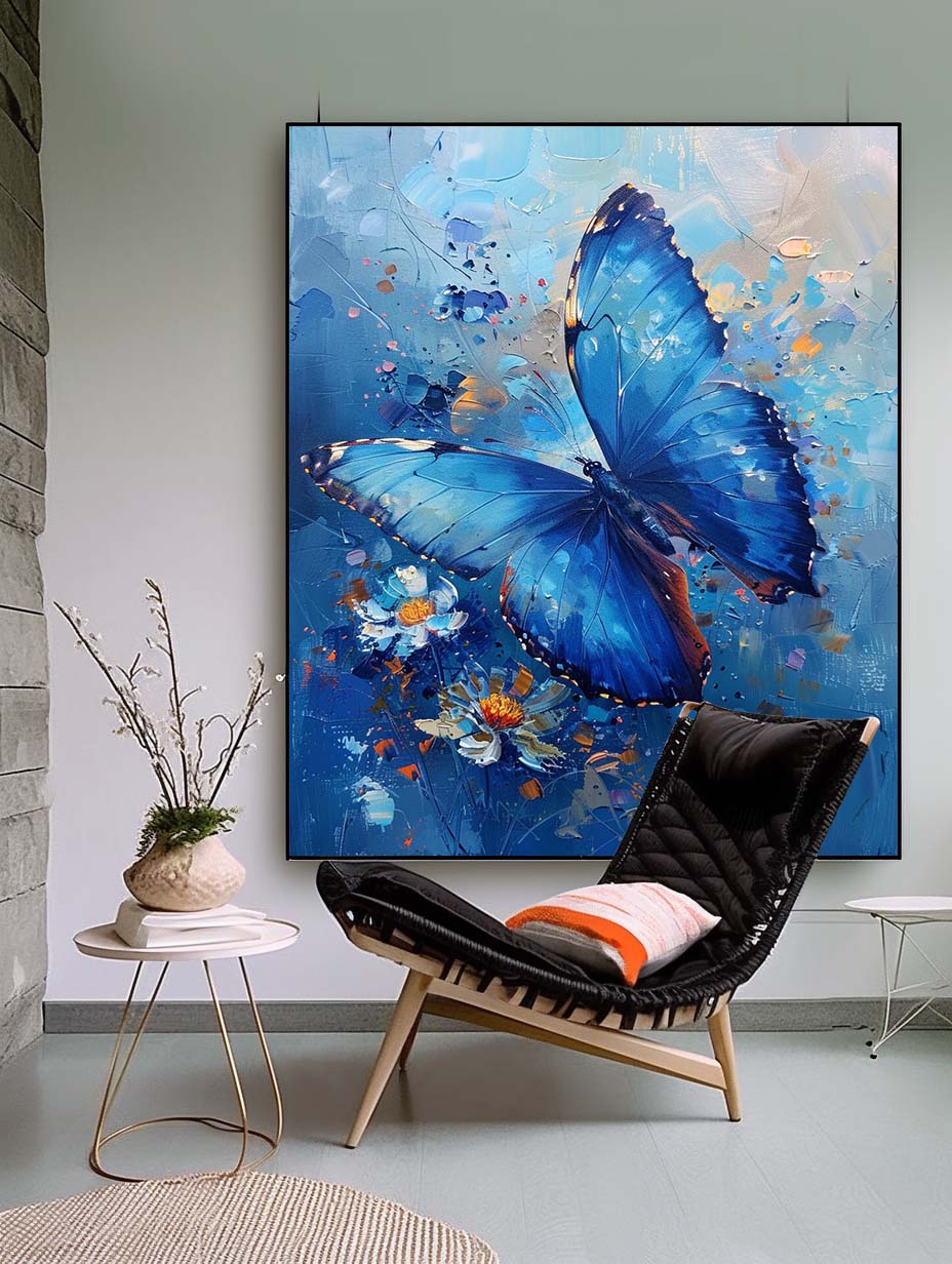 Vibrant Blue Butterfly Oil Painting with Floral Accents for Wall Décor