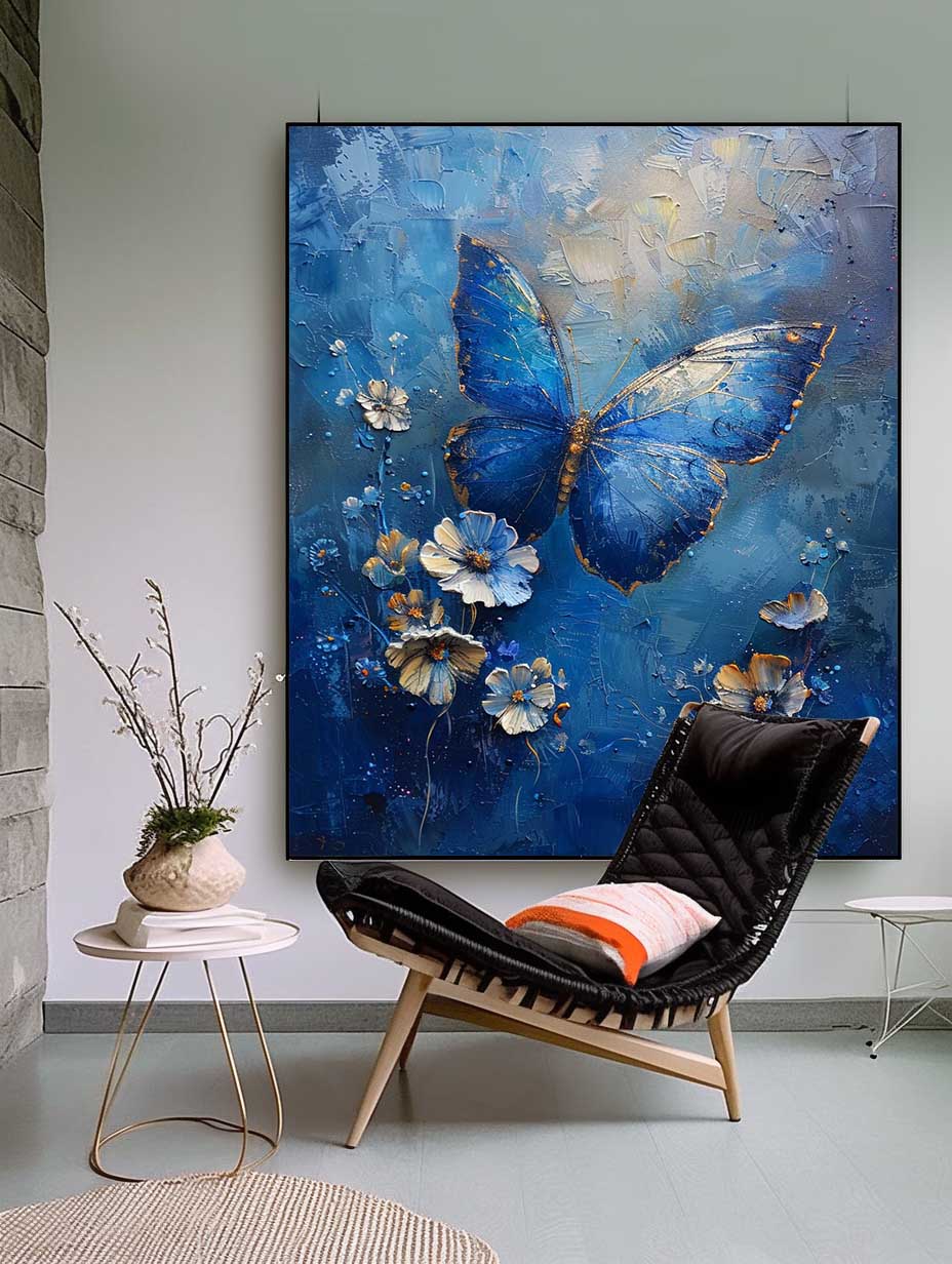 Stunning Blue Butterfly Oil Painting with Floral Accents for Vibrant Home Decor
