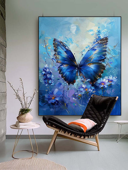 Vibrant Blue Butterfly Oil Painting on Canvas with Floral Accents