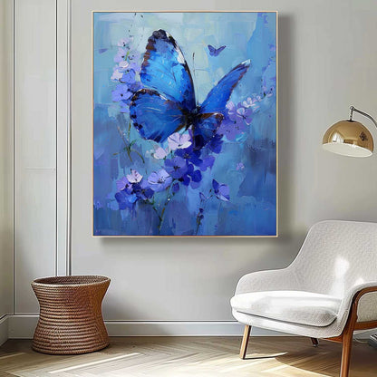 Stunning Blue Butterfly Oil Painting with Floral Accents for Elegant Home Decor