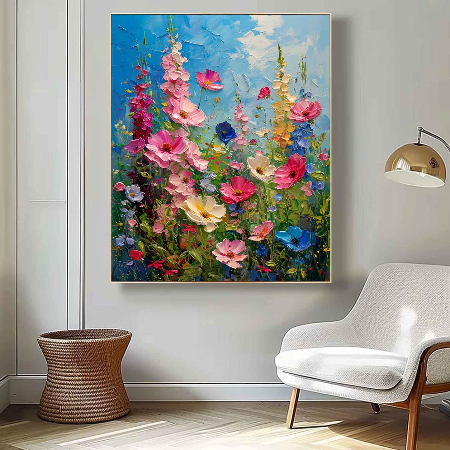 Vibrant Blooming Flower Field Oil Painting on Canvas for Home Decor