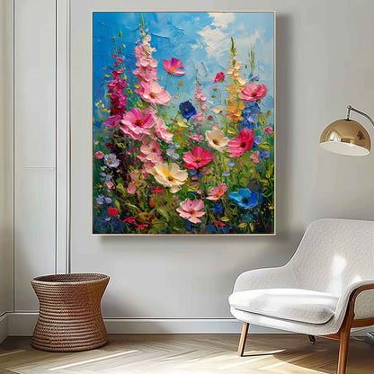 Vibrant Blooming Flower Field Oil Painting on Canvas for Home Decor
