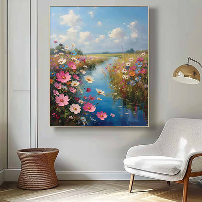Vibrant Floral Landscape Oil Painting with Serene River and Blue Sky Art