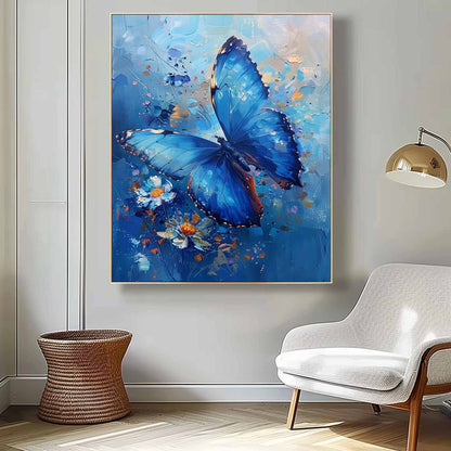 Vibrant Blue Butterfly Oil Painting with Floral Accents for Wall Décor