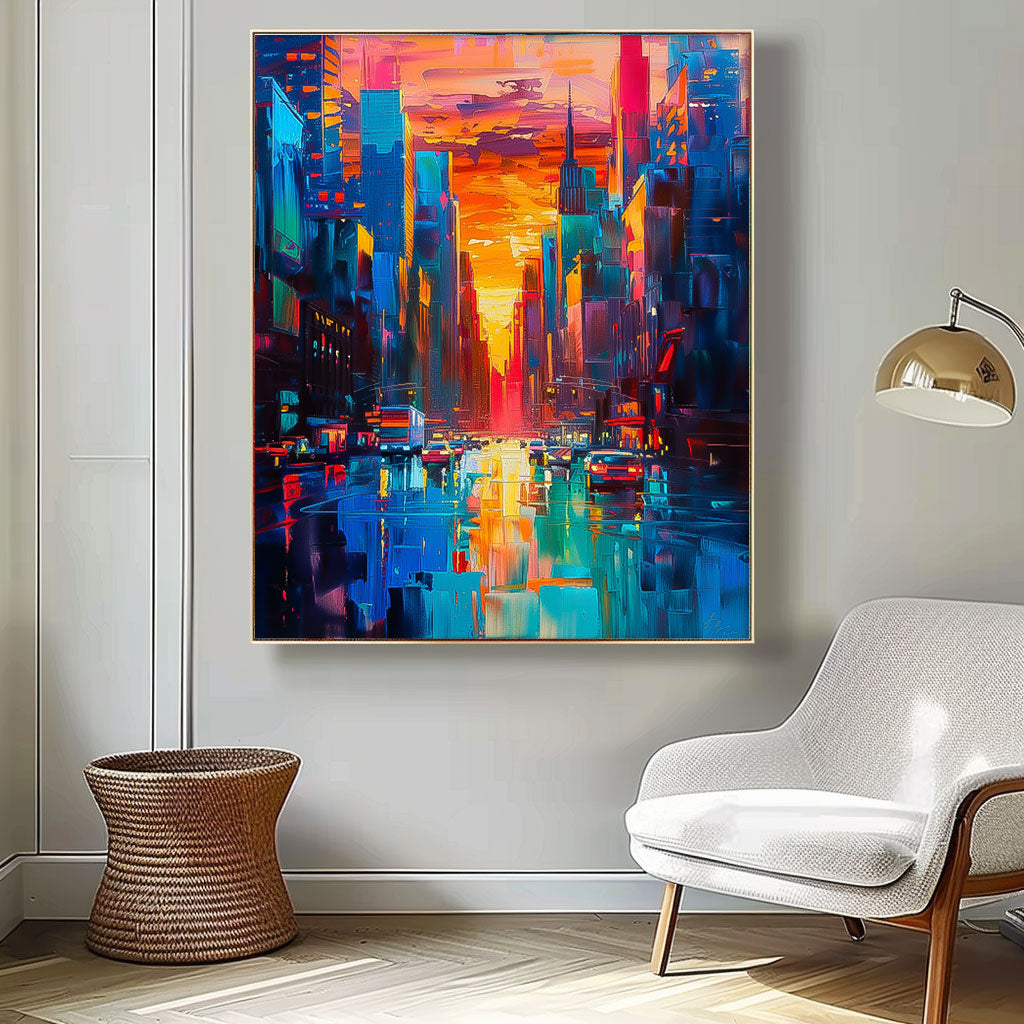 Vibrant Sunset Cityscape Oil Painting - Modern Urban Architecture Artwork