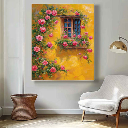 Vibrant Floral Window with Pink Roses and Yellow Wall Oil Painting