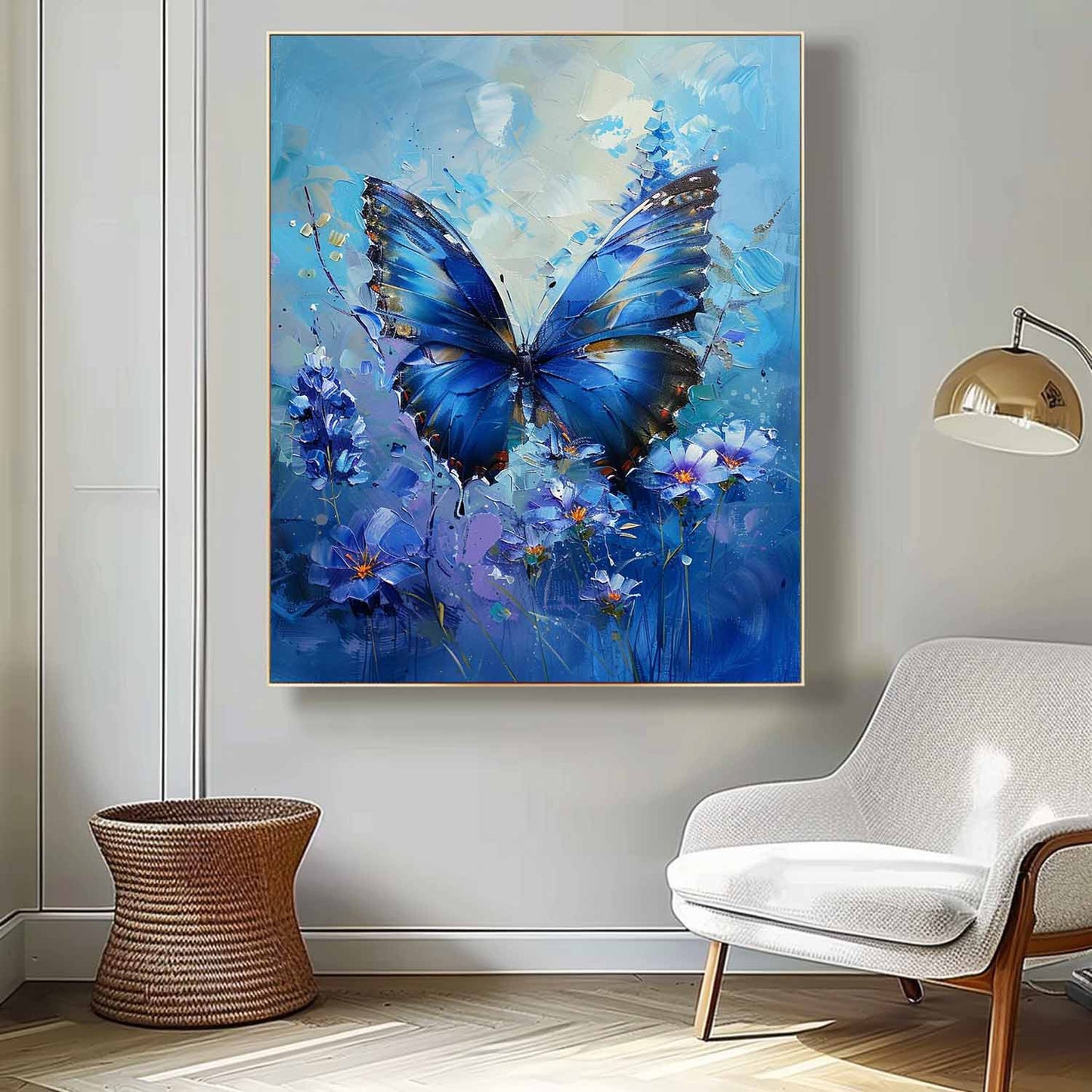 Vibrant Blue Butterfly Oil Painting on Canvas with Floral Accents