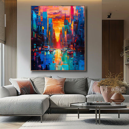 Vibrant Sunset Cityscape Oil Painting - Modern Urban Architecture Artwork