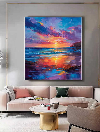 Vibrant Sunset Over Ocean Waves - Colorful Beach Oil Painting Wall Art