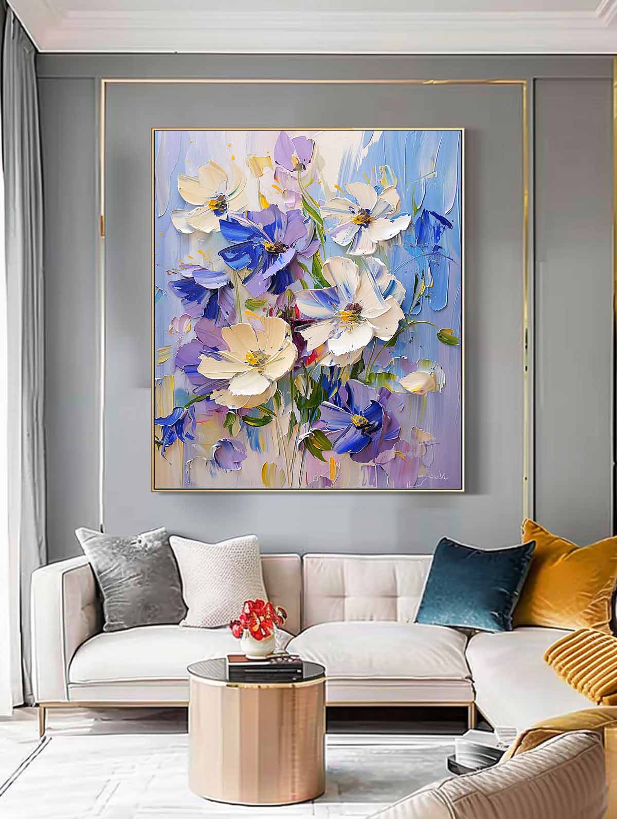 Vibrant Floral Oil Painting - Beautiful Blue and White Flower Art for Home Decor
