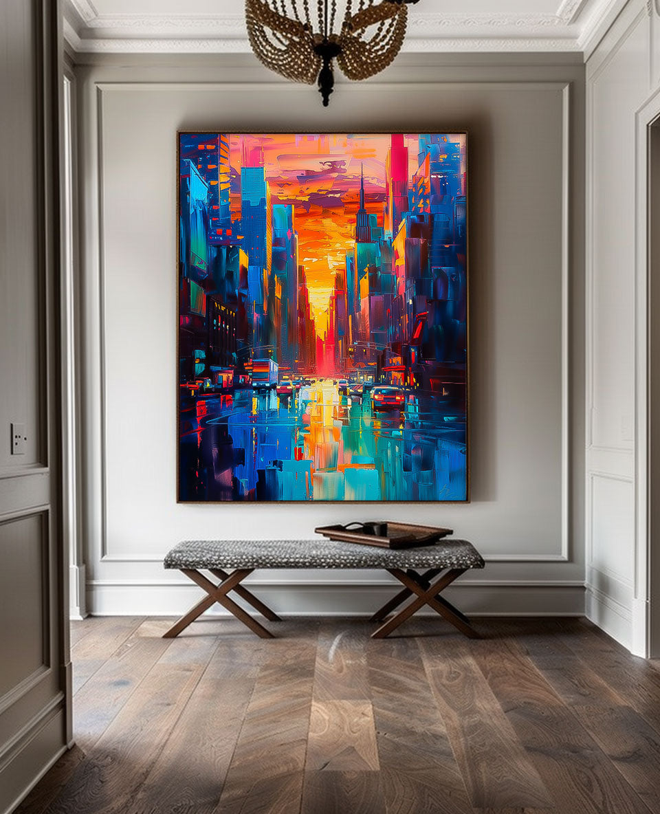 Vibrant Sunset Cityscape Oil Painting - Modern Urban Architecture Artwork