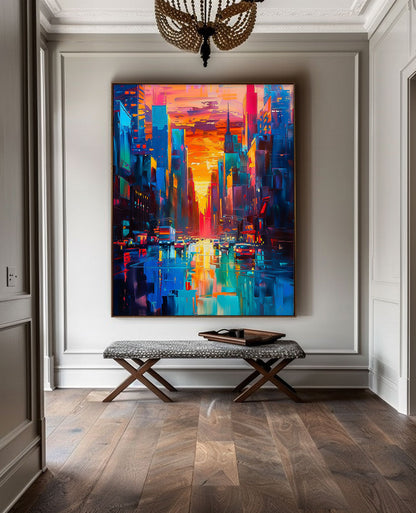 Vibrant Sunset Cityscape Oil Painting - Modern Urban Architecture Artwork