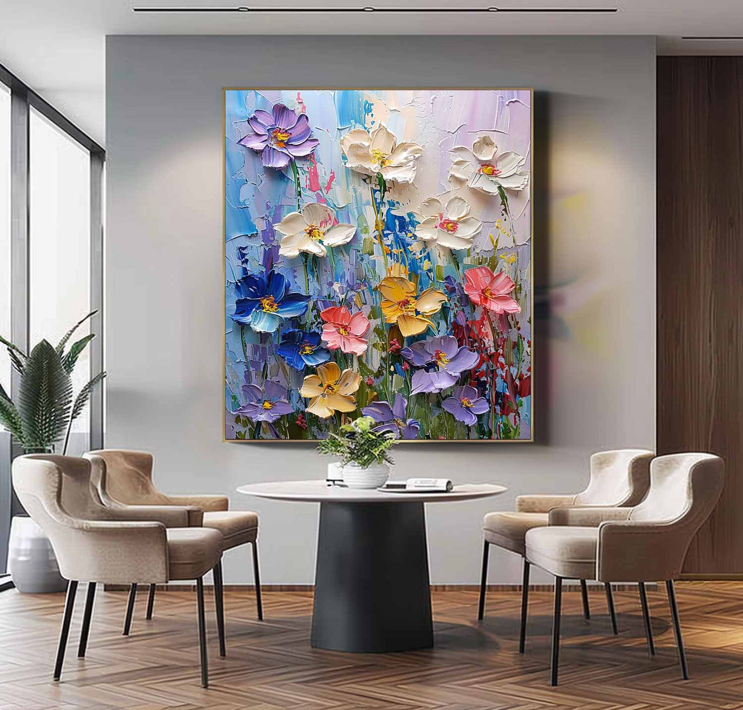 Vibrant Floral Oil Painting for Home Decor | Colorful Blooming Canvas Artwork