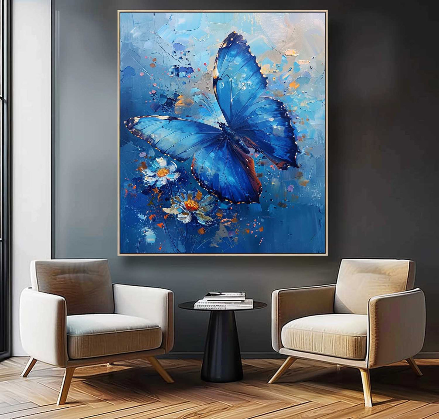 Vibrant Blue Butterfly Oil Painting with Floral Accents for Wall Décor