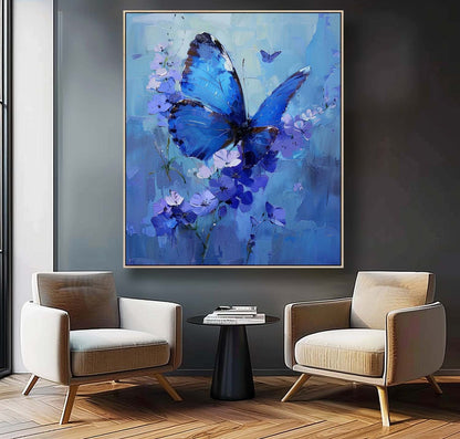 Stunning Blue Butterfly Oil Painting with Floral Accents for Elegant Home Decor